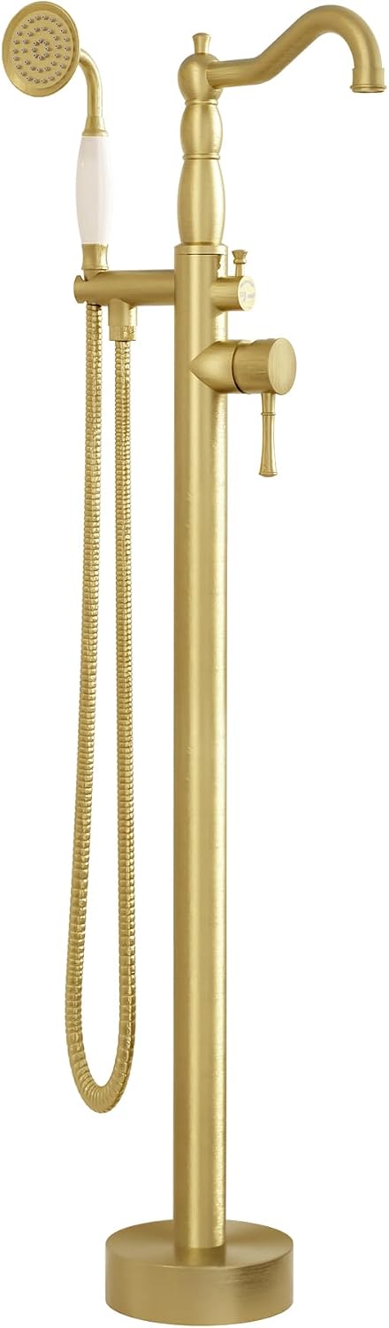SUPERFLO Freestanding Bathtub Faucet Brushed Gold Tub Fillers Freestanding, Brass Free Standing Tub Faucet Floor Mounted With Ceramic Retro Hand Shower & Water Hose