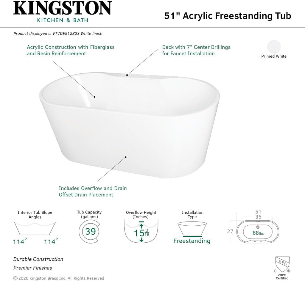 Aqua Eden VT7DE512823 51-Inch Acrylic Freestanding Tub with Deck for Faucet Installation, White
