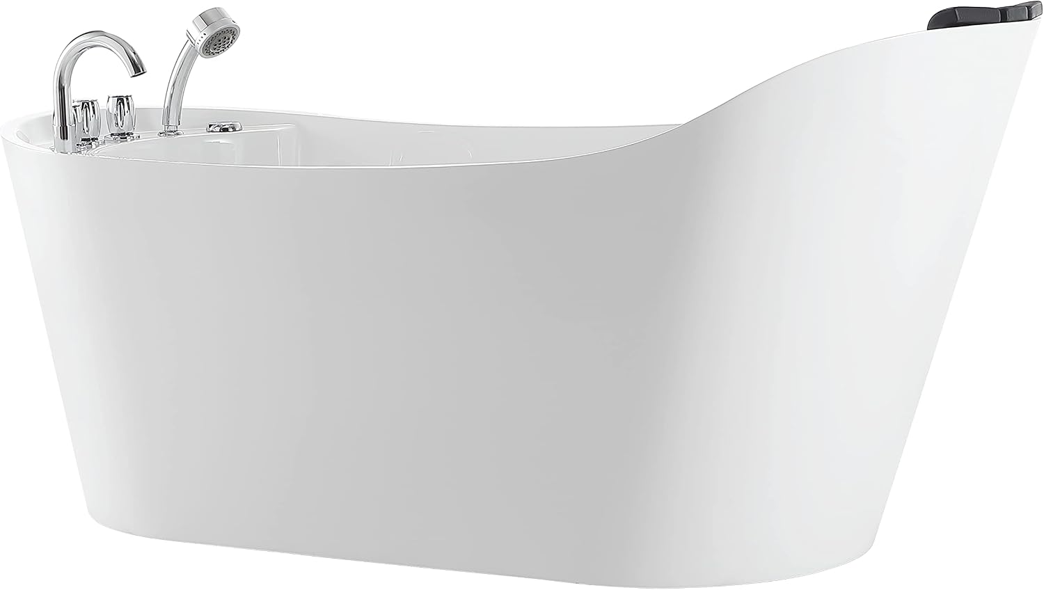 Empava 67'x 30' Freestanding Whirlpool Tub,560W Stand Alone Jetted Bathtub,Slipper Shape with Lumbar and Cervical Support, with 110V Power Plug, ETL Certified