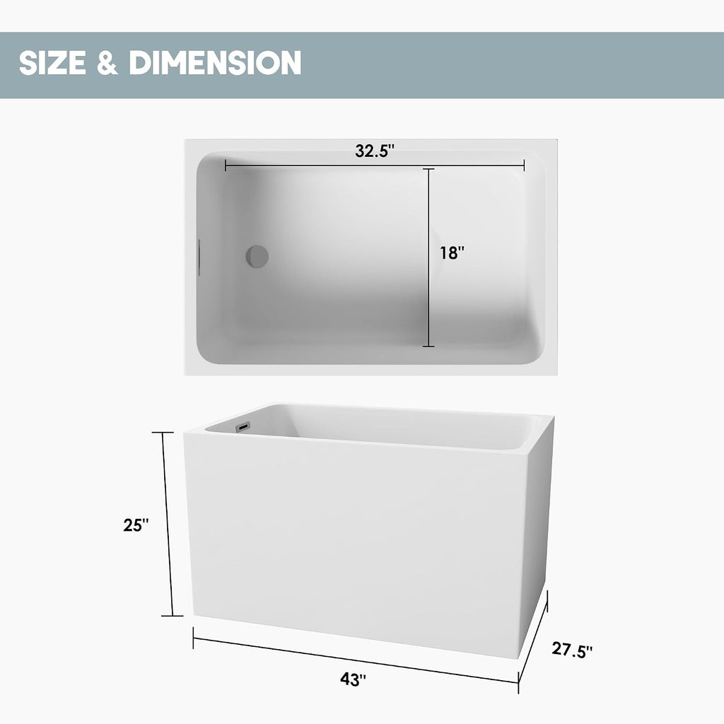 CASAINC 43' Acrylic Freestanding Bathtub with Seat, Spacious Rectangle Shape Soaking Tub, Soaking Stand Alone Tub with Chrome Overflow and Pop Up Drain, Gloss White