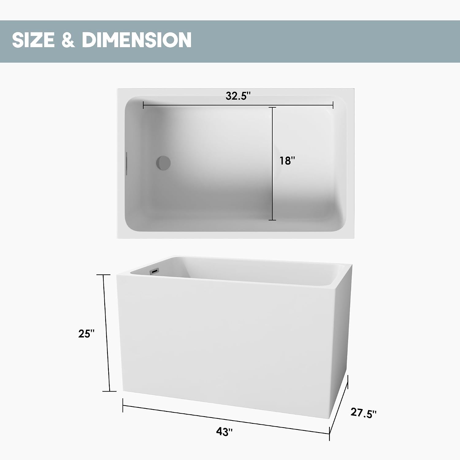 CASAINC 43' Acrylic Freestanding Bathtub with Seat, Spacious Rectangle Shape Soaking Tub, Soaking Stand Alone Tub with Chrome Overflow and Pop Up Drain, Gloss White