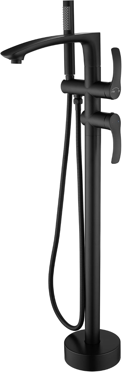 Freestanding Bathtub Faucets, Matte Black Stainless Steel Floor Mount Tub Filler with 360 Swivel Spout and Handheld Shower, High Flow Bathtub Faucet Set JXM-F001BK