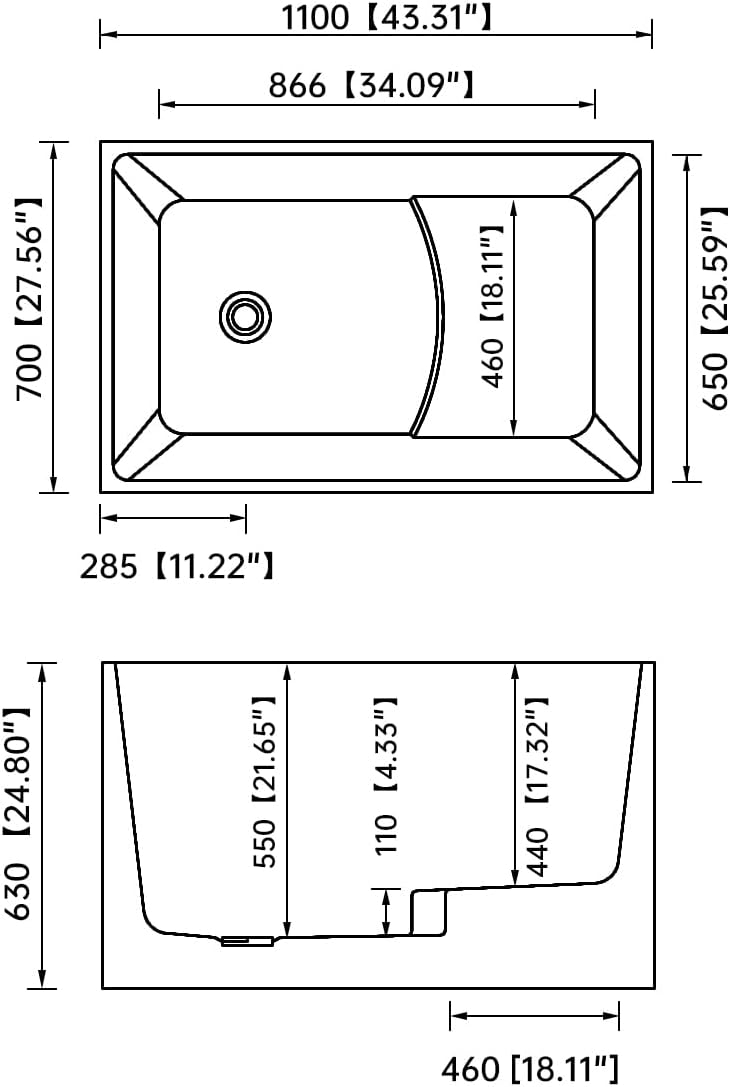43' Freestanding Bathtubs Free Standing Tubs with Seat，Spacious Rectangular Shape Modern Japanese Bathtub， Chrome Slot Overflow and Pop-Up Drain，CUPC Certified，White,DJ014-1100