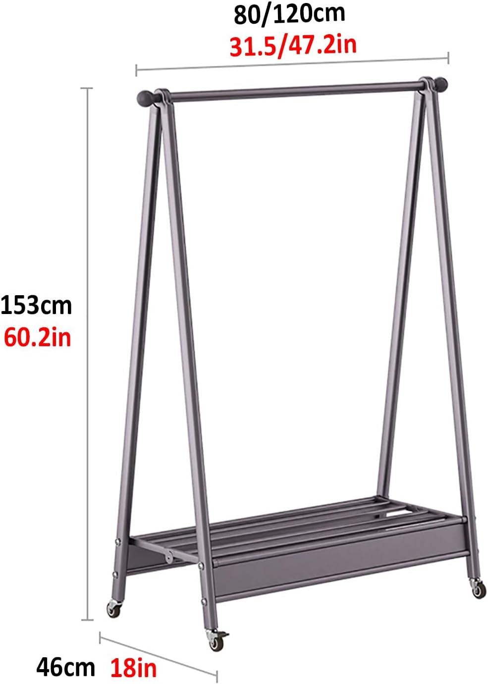 Foldable Garment Rack With Wheels, Portable Clothes Racks For Hanging Clothes, Collapsible Rolling Clothing Rack For Bedroom Living Room Storage(Gray,120cm/47.2in)