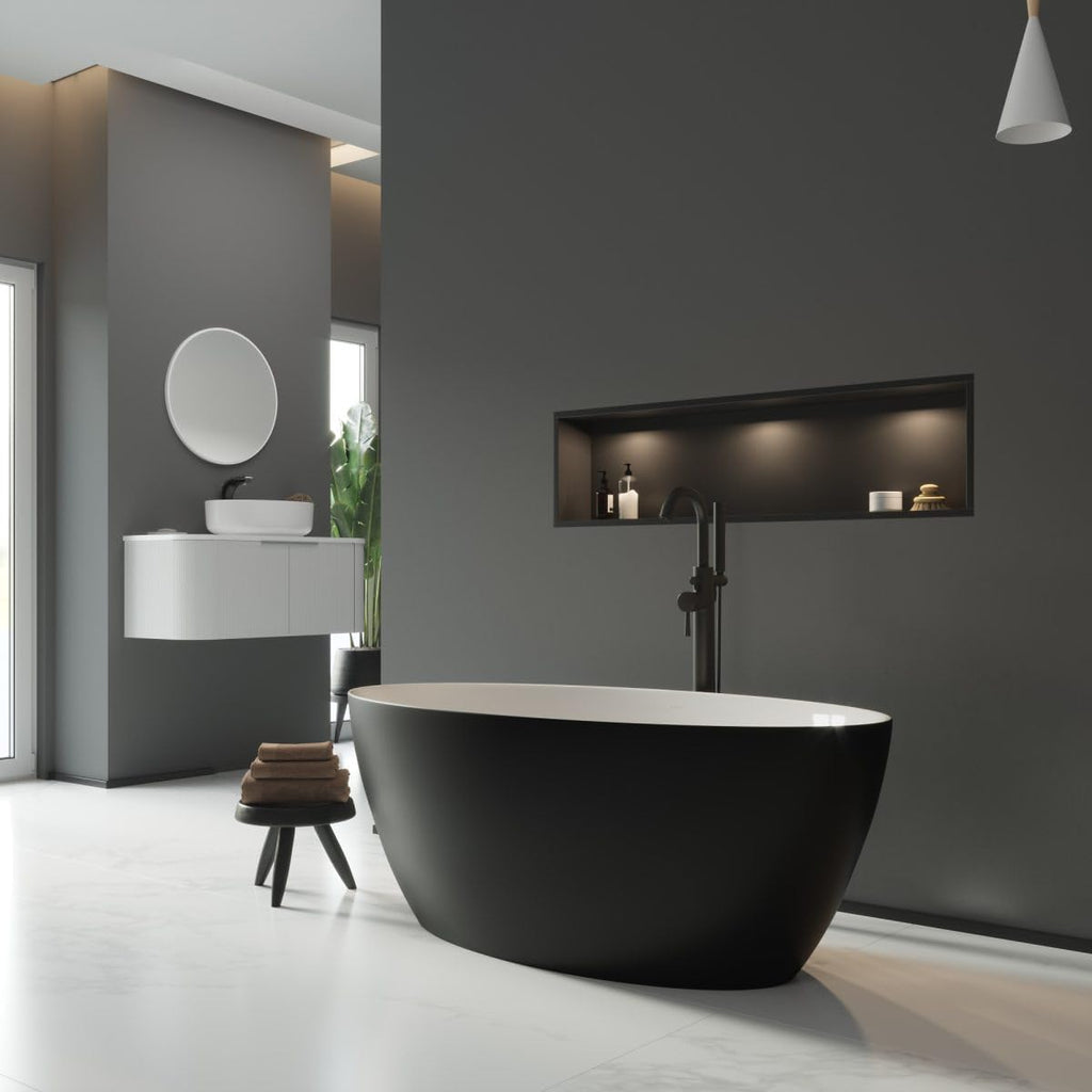 Dowell 59' x 30' Modern Acrylic Freestanding Bathtub | Elegant Oval Soaking Tub with Integrated Overflow for Bathroom, Matte Black-080 5930 02