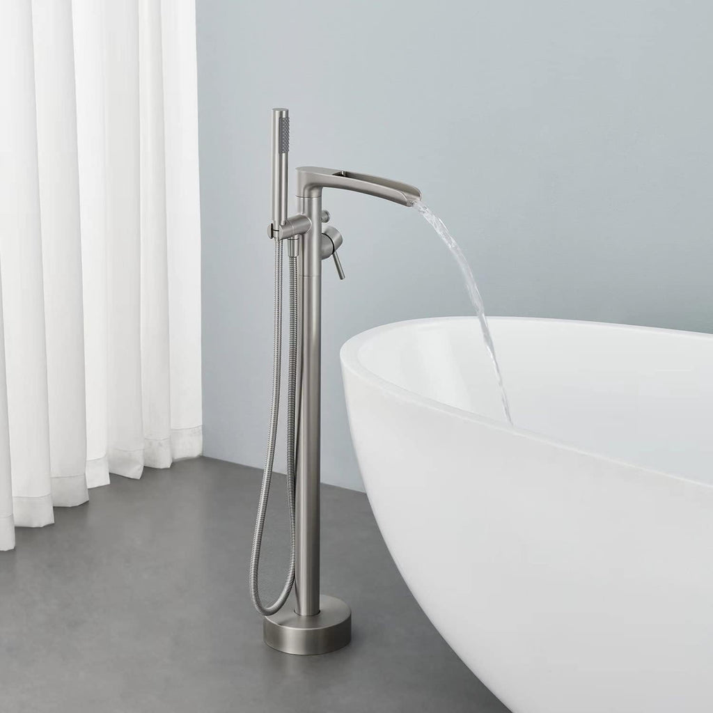 Wowkk Waterfall Freestanding Bathtub Faucet Brushed Nickel Floor Mount Tub Filler Brass Single Handle Bathroom Faucets with Hand Shower