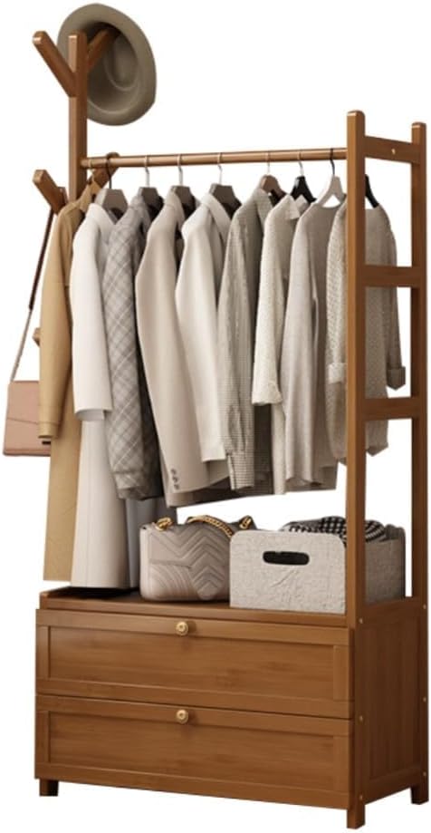 Freestanding Bamboo Clothes Rail - Modern Open Wardrobe with Drawers | Small Free Standing Garment Rack for Bedroom (C 80cm)