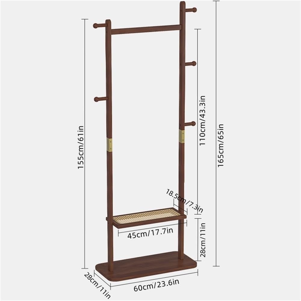Solid Wood Coat Rack with Rattan Storage Shelf Freestanding Garment Racks Organizer for Entryway ﻿Living Room Space Saver