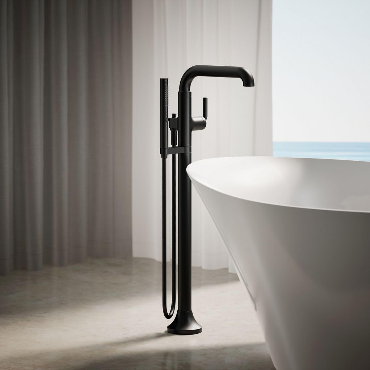 Kohler T27424-4-BL Tone™ Floor-mount bath filler trim with handshower, Matte Black