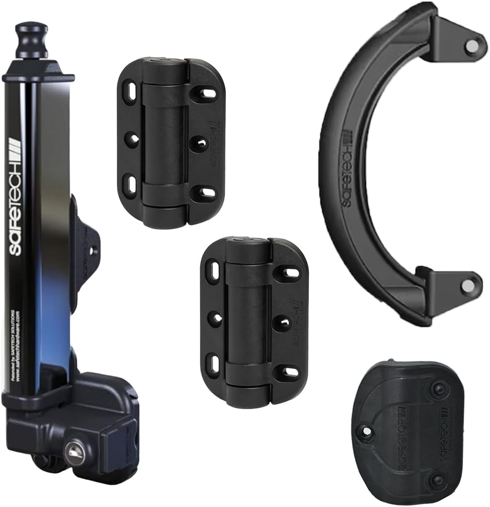 Safetech Hardware 10-Inch Push Lock Magnetic Top Pull Pool Gate Latch, MegaKlik Gate Hinges, Gate Handle & Gate Stop Bundle