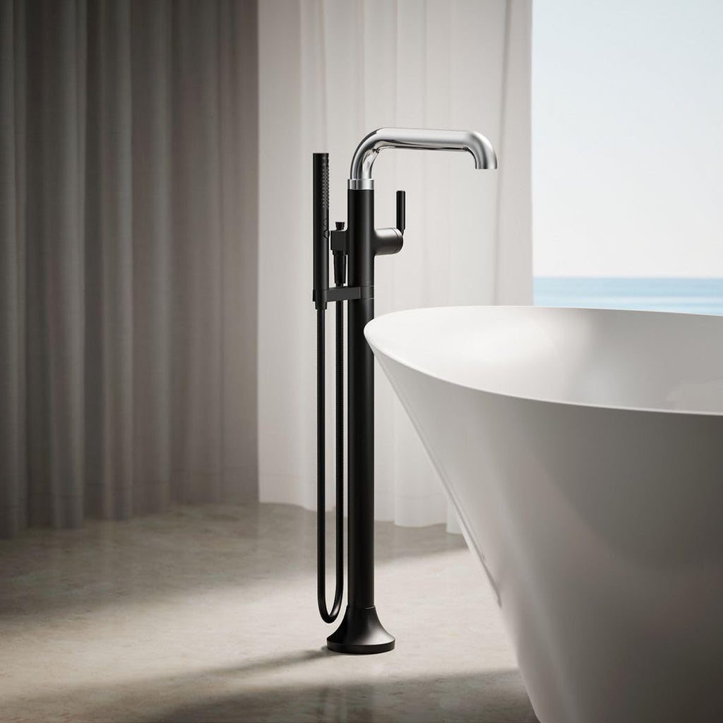 Kohler T27424-4-CBL Tone™ Floor-mount bath filler trim with handshower, Polished Chrome with Matte Black