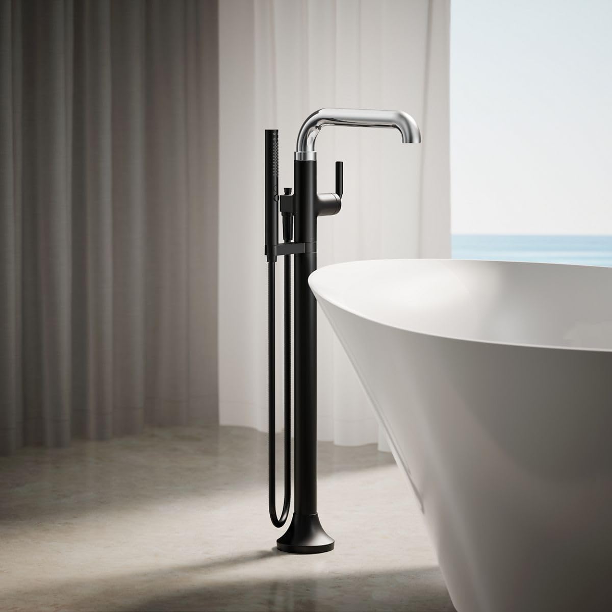 Kohler T27424-4-CBL Tone™ Floor-mount bath filler trim with handshower, Polished Chrome with Matte Black