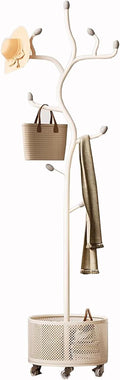 Heavy Duty Garment Rack Coat Rack with Storage Basket and 9 Hooks, Freestanding Clothes Hanger Stand with Wheels, Space Saving Clothing Rack for Entryway, Bedroom, Office, White, 42X175CM