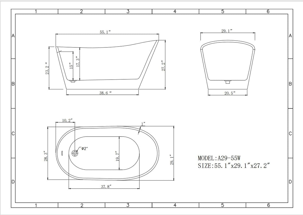 Acrylic Freestanding Contemporary Soaking Tub A29-55 Series 55' Bathtub White Modern Stand Alone Tub with Overflow and Pop-up Drain