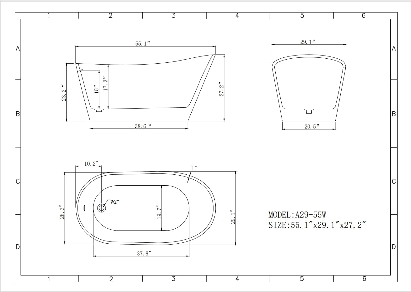 Acrylic Freestanding Contemporary Soaking Tub A29-55 Series 55' Bathtub White Modern Stand Alone Tub with Overflow and Pop-up Drain