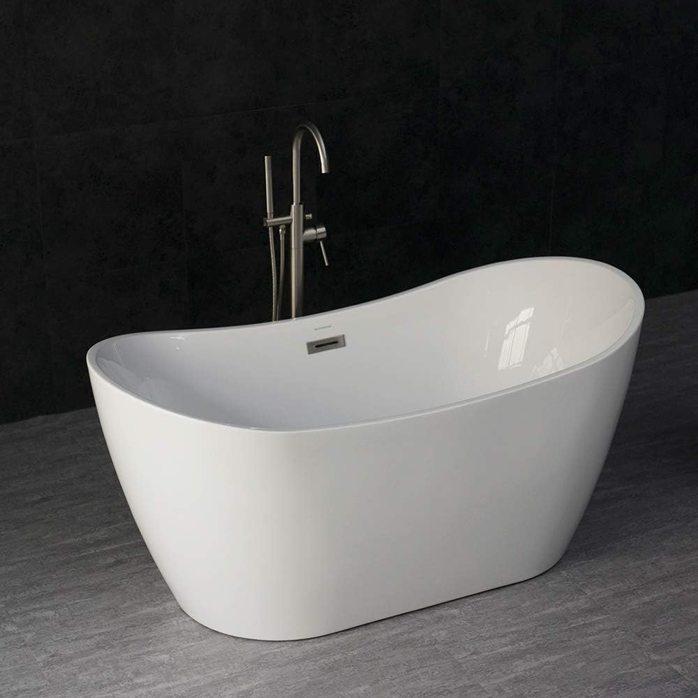 WOODBRIDGE 59' Acrylic Freestanding Bathtub Contemporary Soaking Tub with Brushed Nickel Overflow and Drain B-0016 -B/N-Drain &O