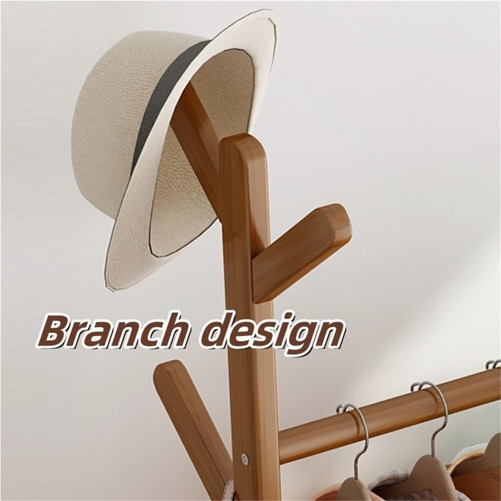Wooden Clothes Rack with Storage, Freestanding Garment Rack with 6 Hooks, Stylish Coat Rack for Bedroom, Study, Dining Room & Dorm, 27.6' x 11.8' x 62.2' (Yellow)