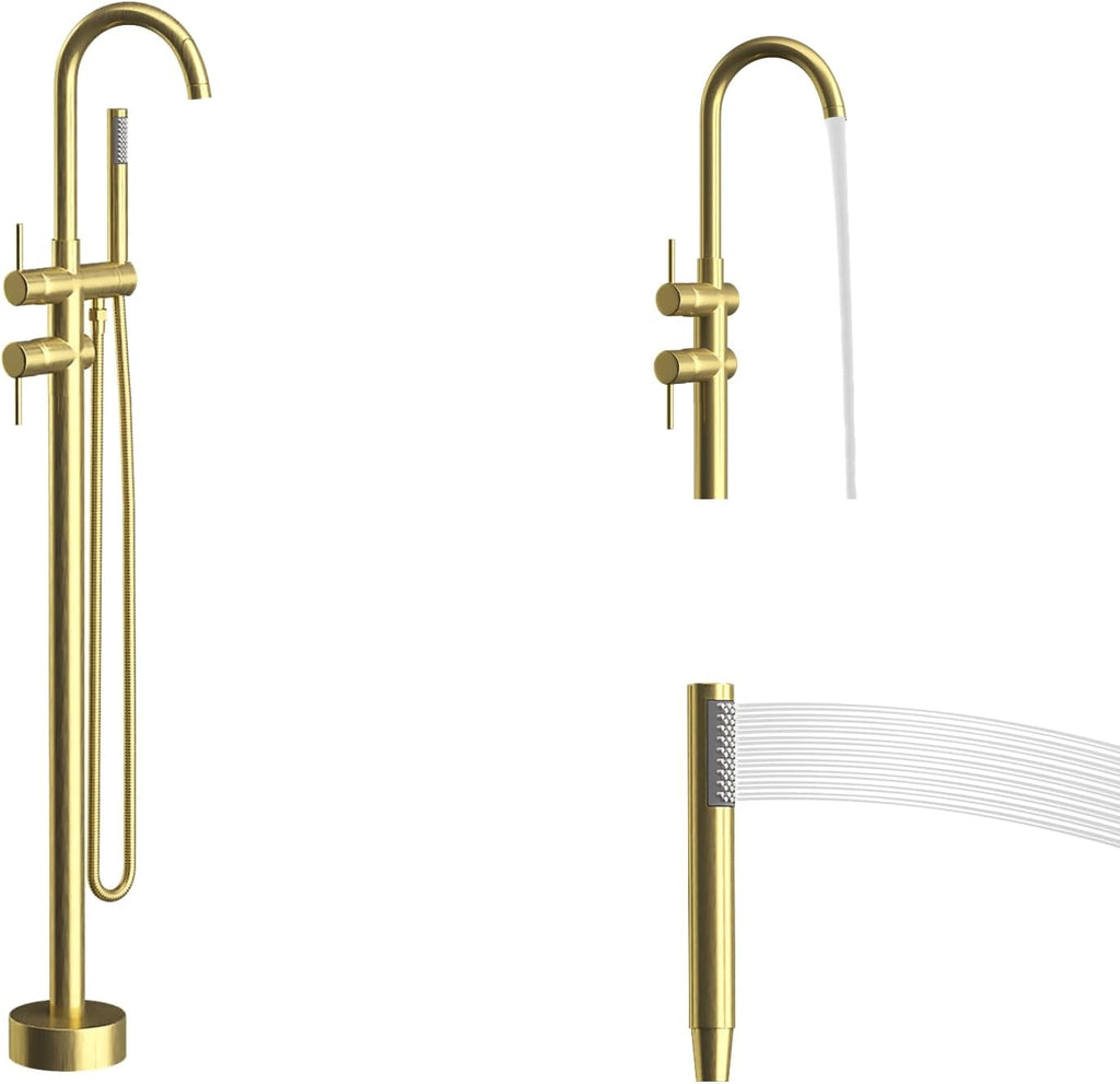 Freestanding Bathtub Faucet,Tub Filler Floor Mount Stand Bathtub Faucet Brass Bathroom Tub Faucets with 2 Function Hand Shower Wand Swivel Brushed Gold