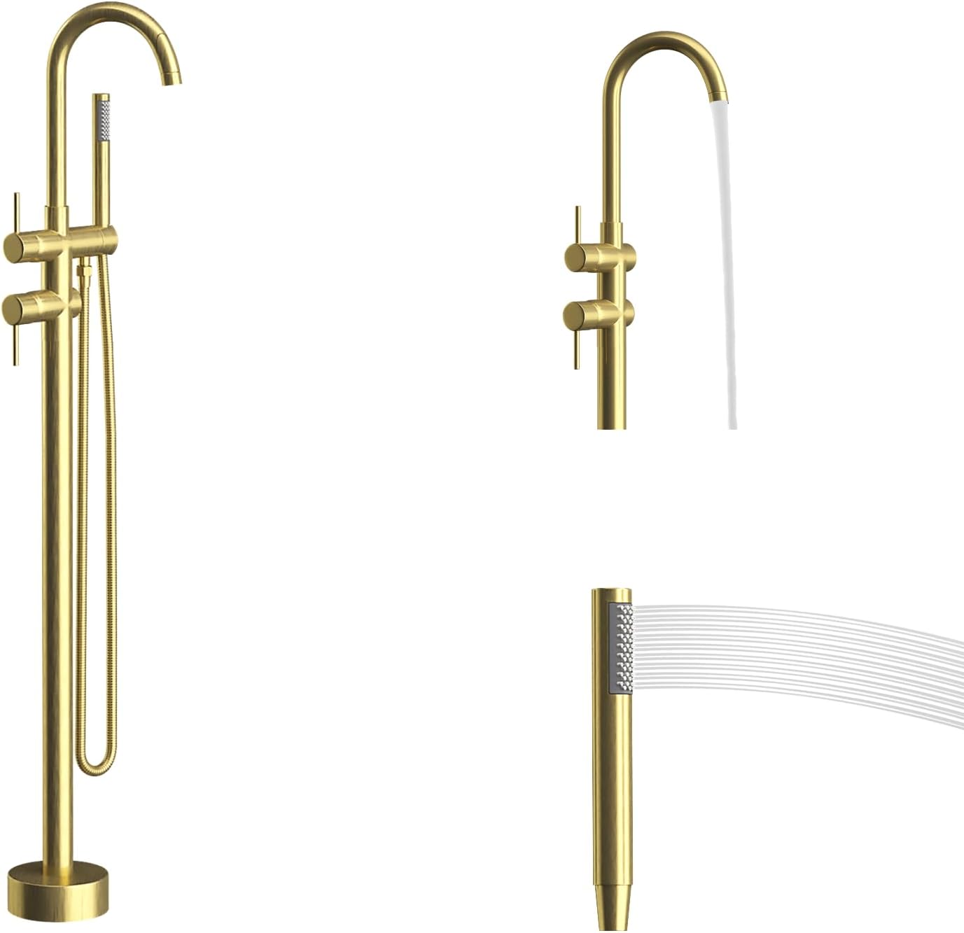 Freestanding Bathtub Faucet,Tub Filler Floor Mount Stand Bathtub Faucet Brass Bathroom Tub Faucets with 2 Function Hand Shower Wand Swivel Brushed Gold