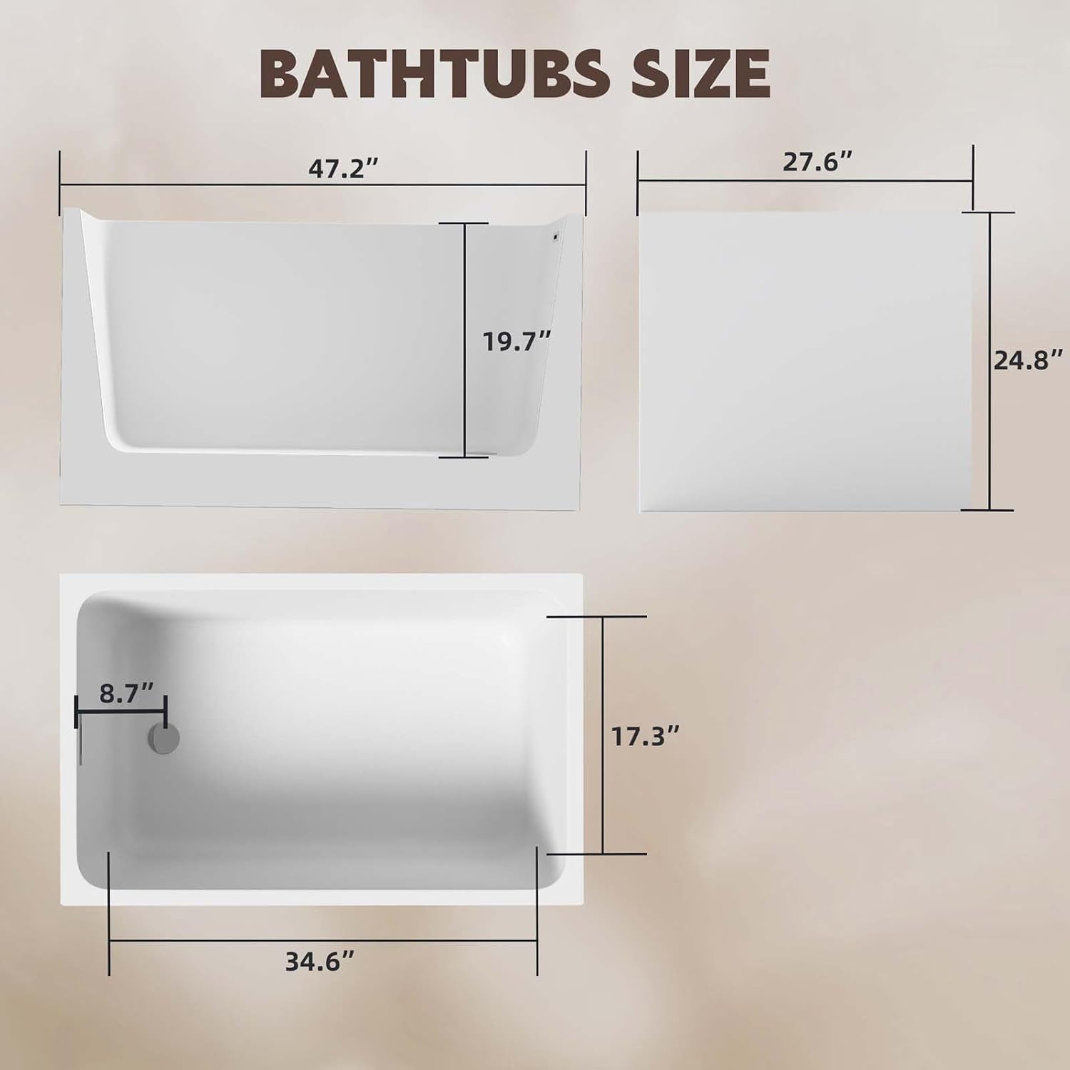 47' Acrylic Freestanding Tub, Square Shape Soaking Bathtub with Chrome Overflow and Left Drain, Free Standing Acrylic-Bathtubs White