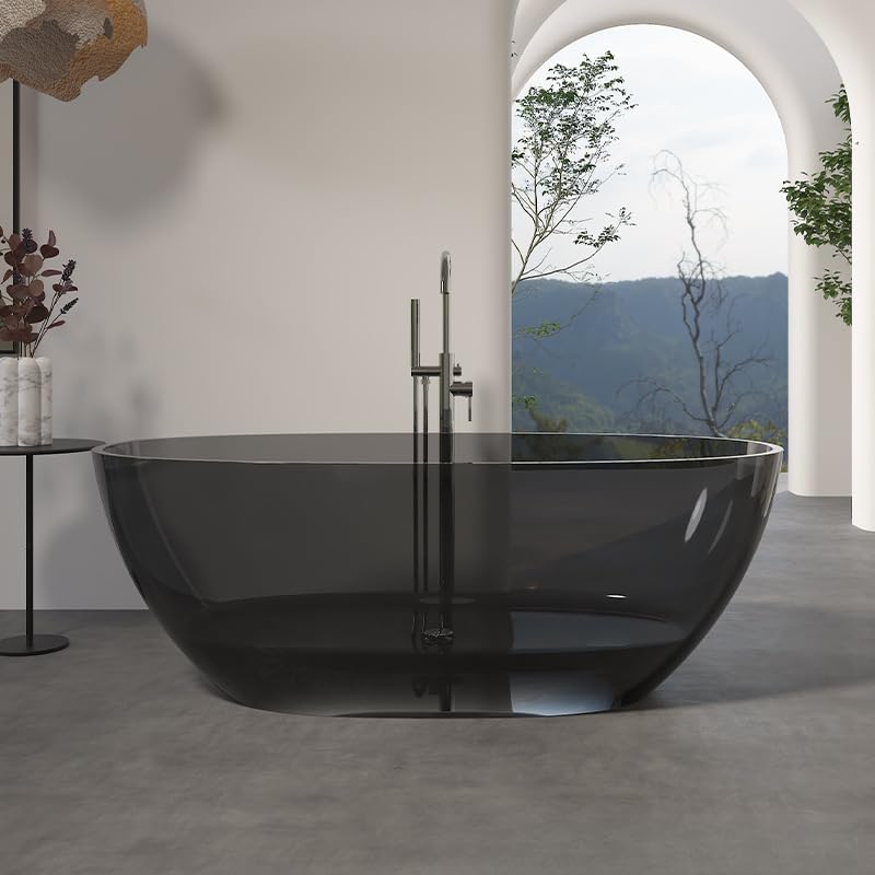Modern Oval Freestanding Bathtub, Resin Material, Roll Top Soaking Design, Contemporary Style (Black-Gray, 55'L x 31'W x 22'H)