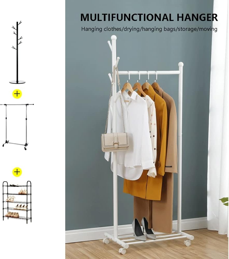 Single Rod Clothes Rack Small Rolling Clothing Garment Rack with Shelves for Hanging Clothes Heavy Duty Metal Wardrobe Rack Bedroom Storage Organizer Shelf (Green-86X43X170cm
