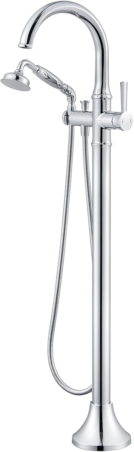 Wowkk Free Standing Tub Faucet Chrome Tub Filler Freestanding Bathtub Faucets Brass Tub Faucet with Hand Shower