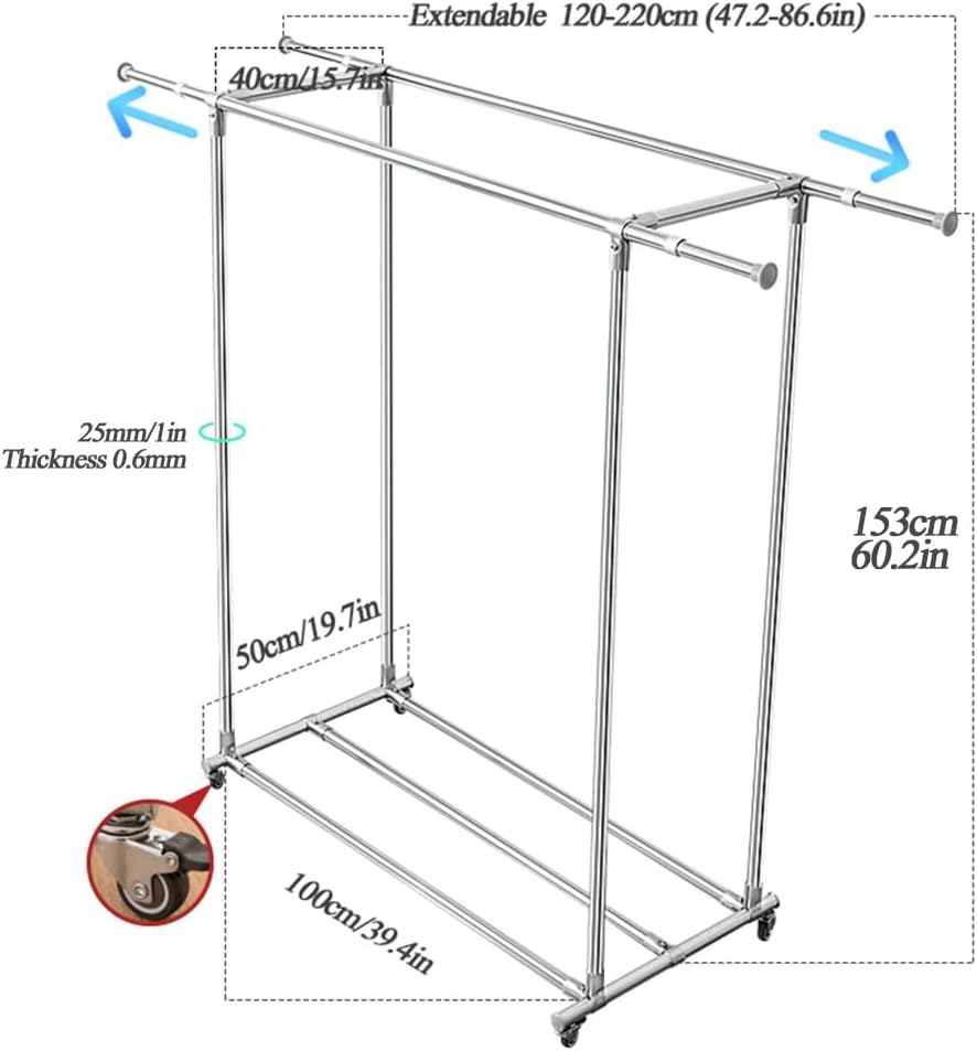 Double Clothes Garment Rack with Wheels, Extendable Rod, Heavy Duty Clothes Rail with Bottom Shelf and 4 Casters, Rolling Clothing Rack for Hanging Clothes, Load 100kg