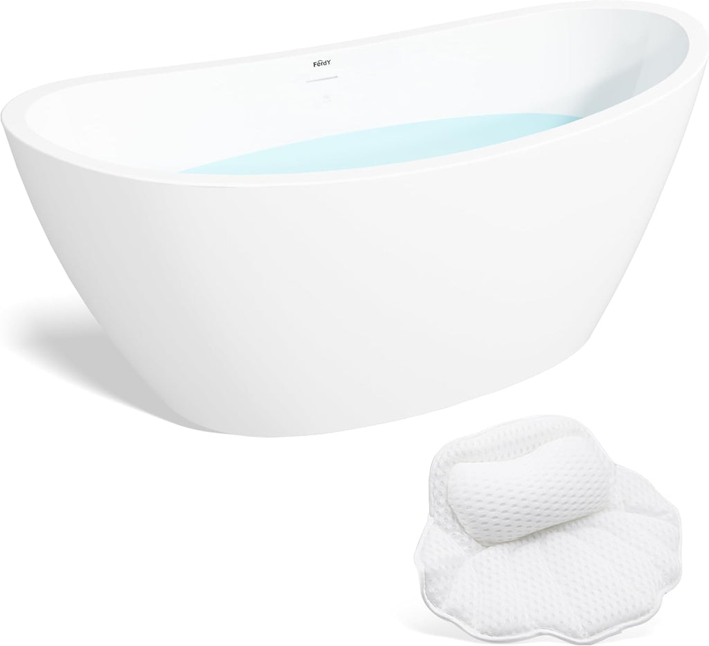 FerdY Naha 67' Freestanding Bathtub, Curve Edge Soaking Bathtub with Brushed Nickel Drain& Bath Pillow for Bathtub,Thick Tub Pillows, Ergonomic Head Neck and Back Support