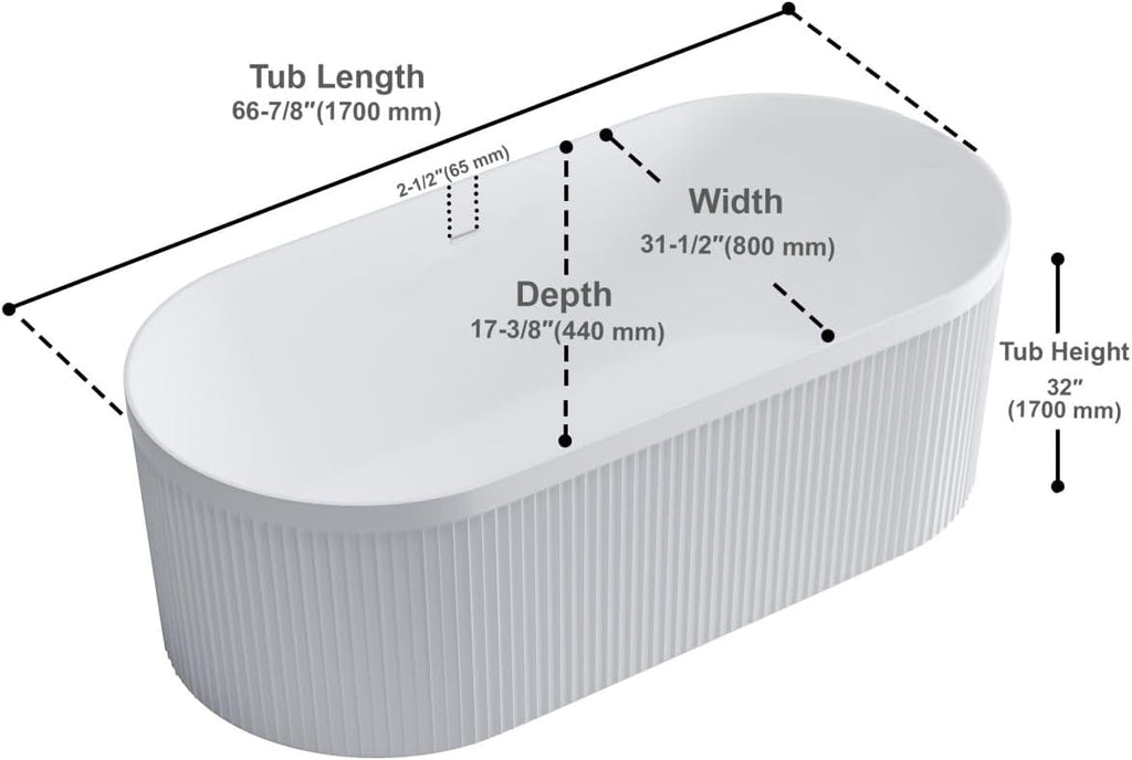 Dowell 67' x 31' Freestanding Bathtub, Acrylic Soaking Tubs, Fluted Design Oval Shape Bathtub W,Matte White-081 6731 01
