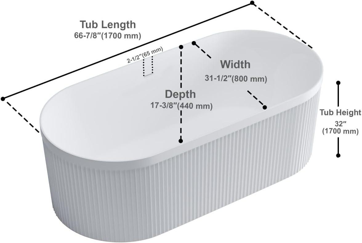 Dowell 67' x 31' Freestanding Bathtub, Acrylic Soaking Tubs, Fluted Design Oval Shape Bathtub W,Matte White-081 6731 01