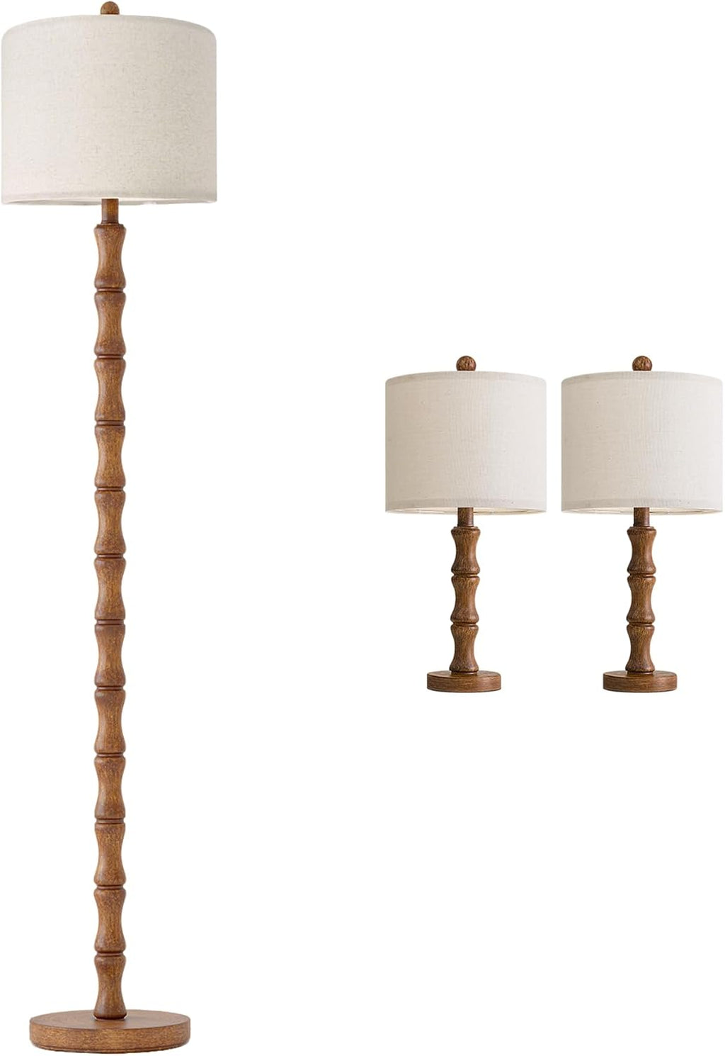BOBOMOMO Farmhouse Table and Floor Lamp Set of 3, Vintage Lamp Set with Fabric Shade for Living Room, Bedroom, Side Table, Reading Corner