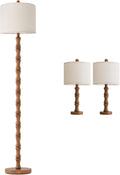 BOBOMOMO Farmhouse Table and Floor Lamp Set of 3, Vintage Lamp Set with Fabric Shade for Living Room, Bedroom, Side Table, Reading Corner