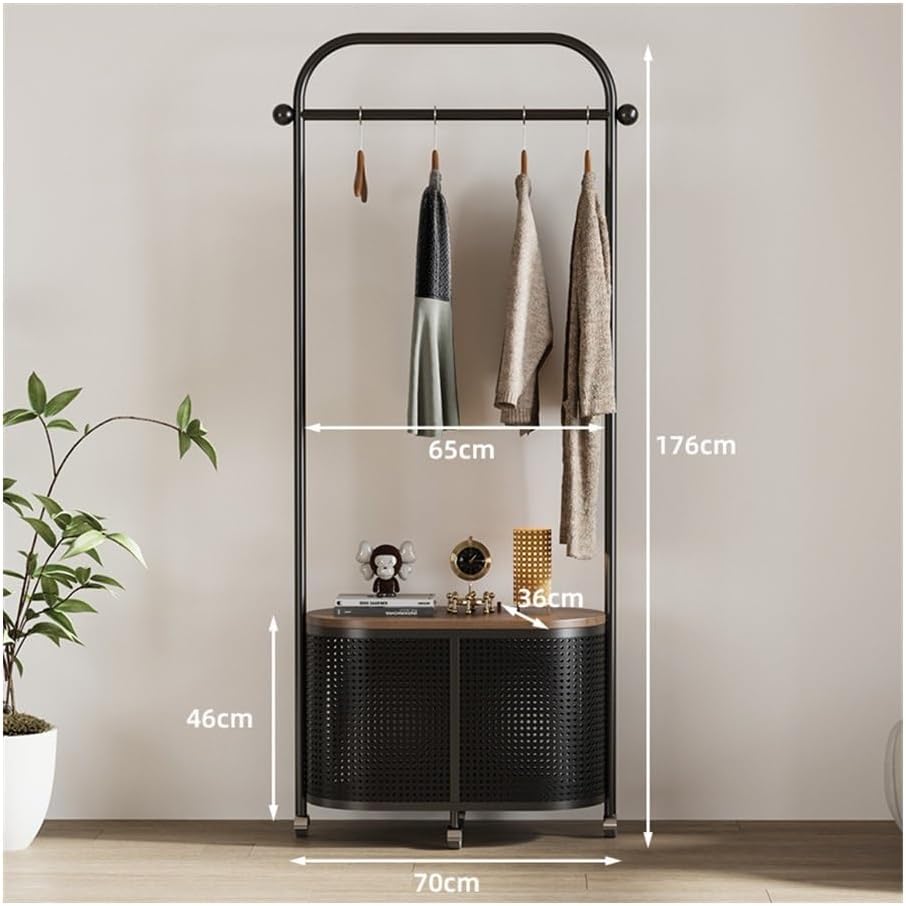 Coat Stand Vintage Style Freestanding Garment Rack with Removable Wicker Laundry Basket - Bedroom Clothes Hat Stand for Retro Storage and Hanging(Black)