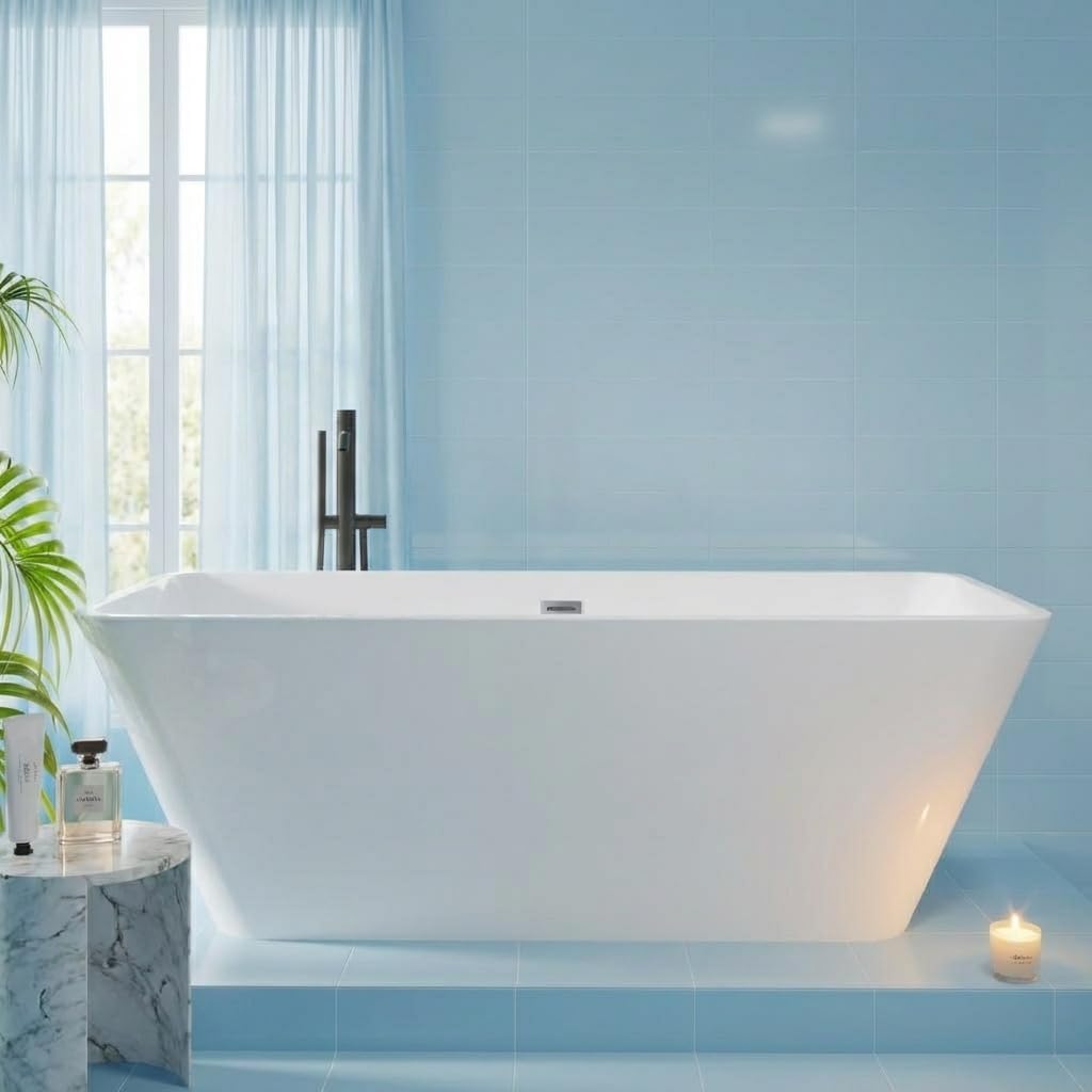 66 Inch Freestanding Bathtub, Acrylic Deep Soak Tub, Glossy White, Easy Install with Overflow & Drain