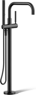 KOHLER T97328-4-BL Purist Floor-Mount Bath Filler Trim with Handshower, Single Lever Handle Bathtub Faucet, 1.75 GPM Handshower, Matte Black