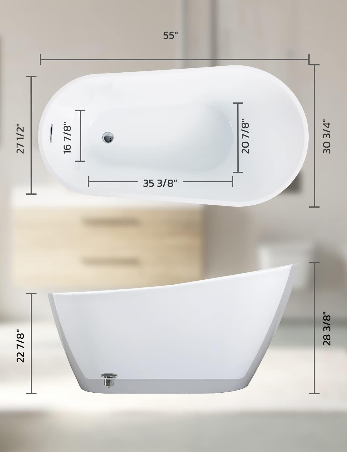 Zevemomo 55 Inch Acrylic Freestanding Bathtub, Glossy White Contemporary Soaking Tub with Silver Toe-Tap Pop-Up Chrome Drain, Integrated Slotted Brushed Nickel Overflow, 55 Gal cUPC Certified Tub