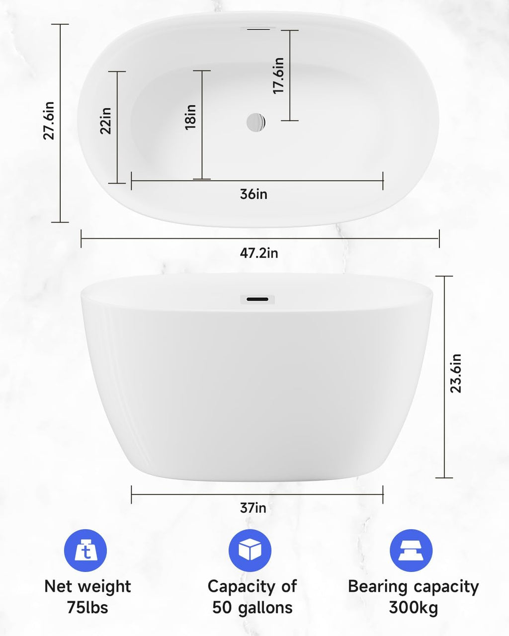 Freestanding Bathtub 47'' Acrylic Bathtub-Acrylic Soaking Tubs, White Bathtub, Oval Shape Freestanding Bathtub With Chrome Overflow and Pop-Up Drain CUPC Certificate