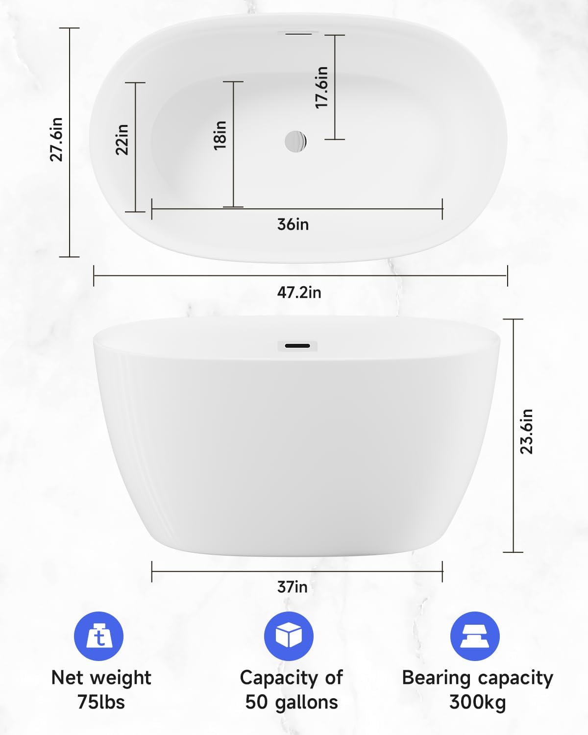 47'' White Acrylic Freestanding Bathtub, Oval Freestanding Bathtub with Chrome Overflow and Pop-Up Drain