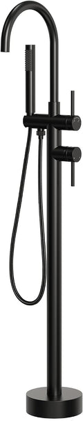 Freestanding Bathtub Faucet with Hand Held Shower, Floor Mount Tub Filler, Dual Handle Brass Bath Tub Faucet, Valve Included，Matte Black