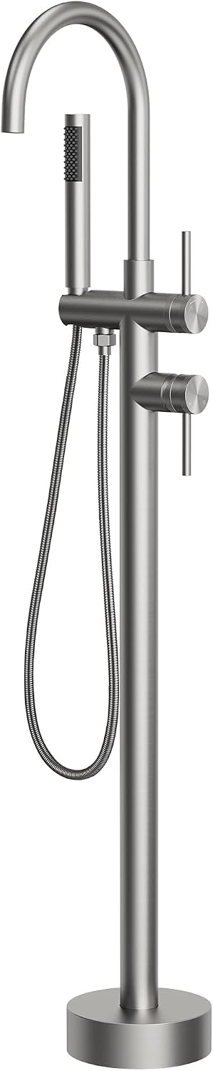 Freestanding Bathtub Faucet with Hand Held Shower, Floor Mount Tub Filler, Dual Handle Brass Bath Tub Faucet, Valve Included，Brushed Nickel