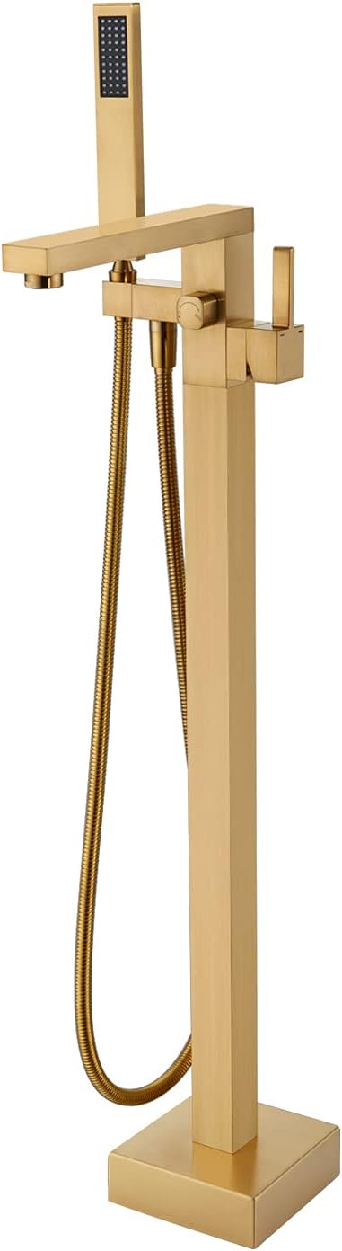 Wowkk Freestanding Bathtub Faucet Tub Filler Brushed Gold Floor Mount Bathroom Faucets Brass Single Handle with Hand Shower