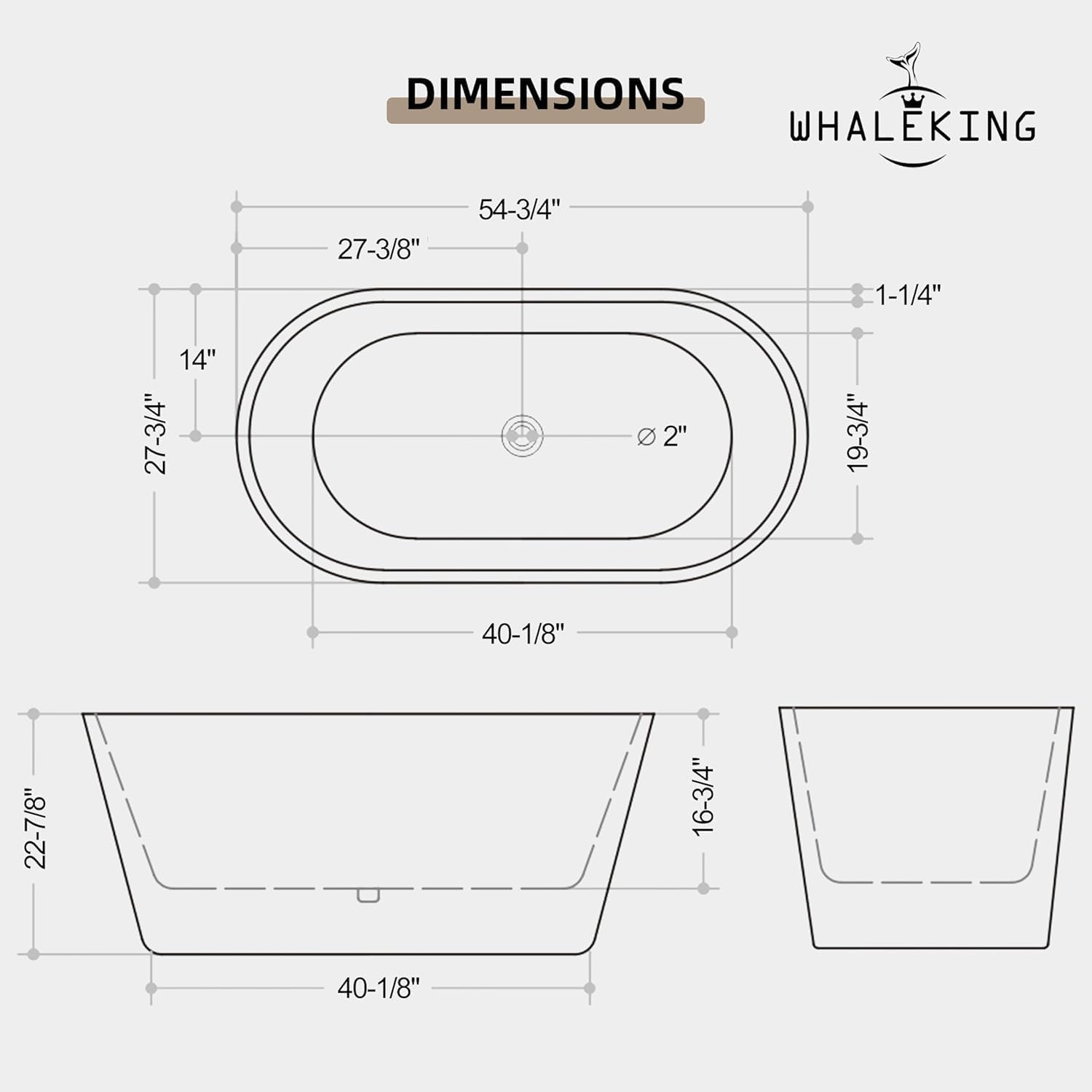 55 Inches Freestanding Soaking Bathtub, Modern Oval Acrylic Hot Tub with Center Chrome Drain & Overflow for Spa, Glossy White