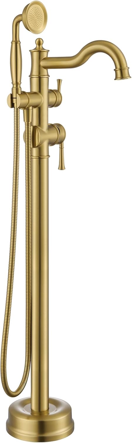 Free Standing Tub Faucet, Qinkell Classic Elegant Gooseneck Freestanding Bathtub Faucet with Sprayer Brass Luxury Floor Mount Bath Faucets High Flow Roman Tub Filler, Brushed Gold (QC-202511BG)
