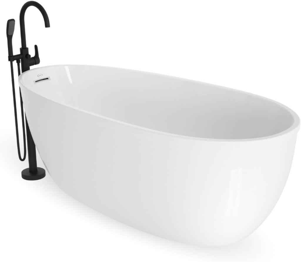 Jacuzzi SIGNATURE Oval Freestanding Acrylic Soaking Bathtub, 59.2' (L) x 29.7' (W) x 23.6' (H), Matte Black Tub Filler & Hand Shower, Universal Drain, Contemporary Style for Homes & Businesses, White