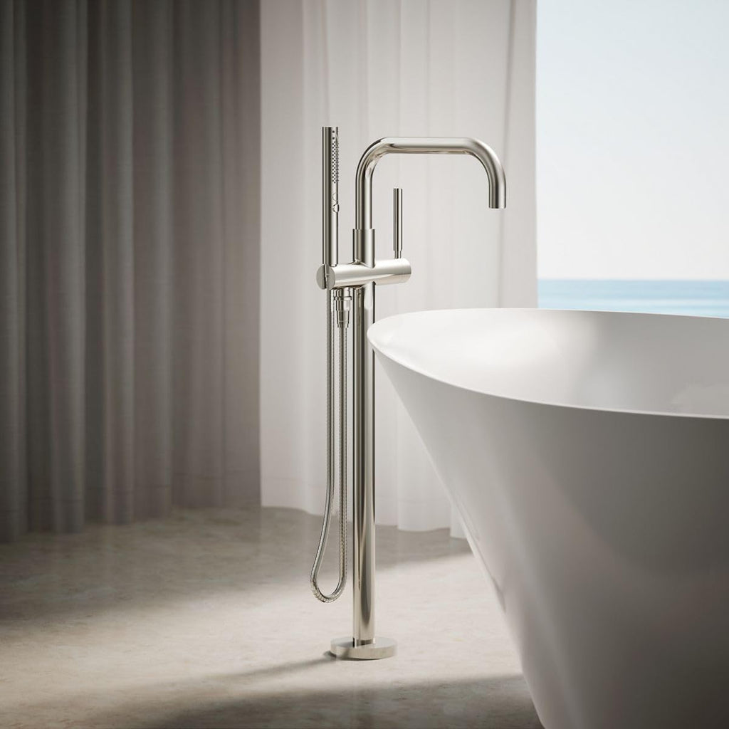 KOHLER K-T97328-4-SN Purist Floor-Mount Bath Filler with Handshower, Polished Nickel
