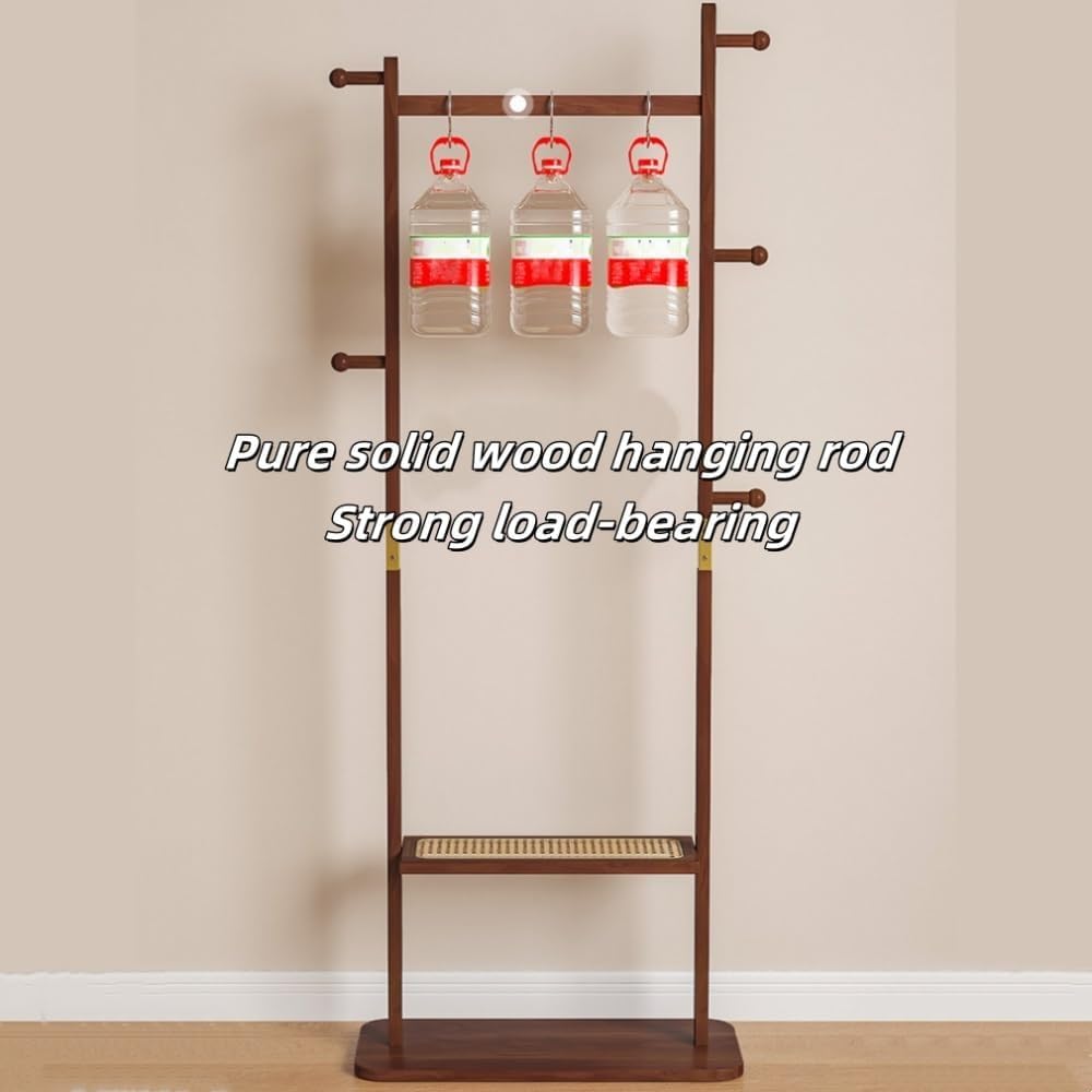 Solid Wood Coat Rack with Rattan Storage Shelf Freestanding Garment Racks Organizer for Entryway ﻿Living Room Space Saver
