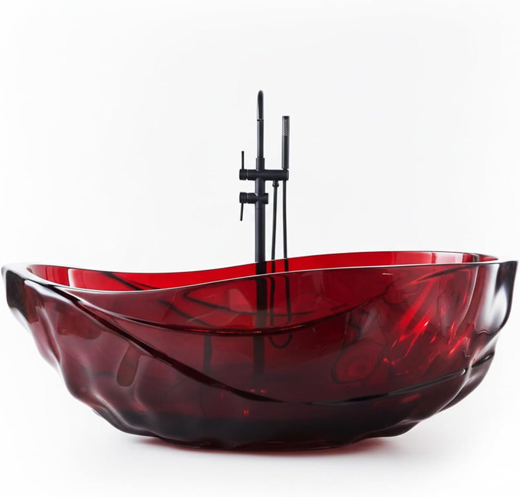 Cpingao 67' Resin Translucent Freestanding Bathtub, Modern Oval Stand Alone Tubs, Contemporary Transparent Resin Freestanding Bath 1700 MM with Drain Fiery Red 8852-1700-RED