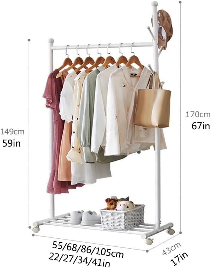 Clothes Rack, Metal Rolling Garment Rack on Wheels, Clothes Rail with Storage Shelf for Bedroom, Hallway, Entryway(55x43x170cm)