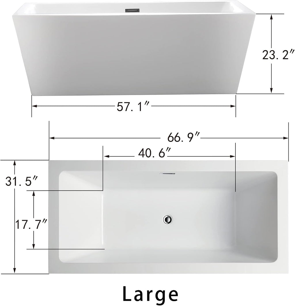HomeBeyond 67 Inch Free Standing Bathtub | Acrylic Freestanding Soaking Tub, Square Bathroom Stand Alone Tub, Suitable Single Person Bathing, Brushed Nickel